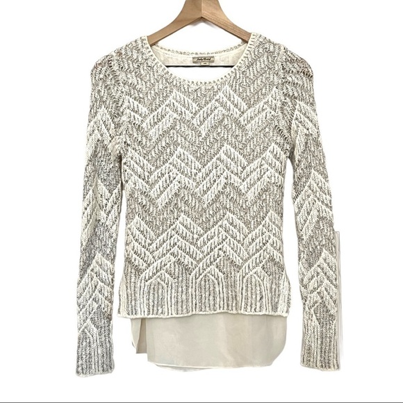 LUCKY BRAND Chevron Metallic Ivory Knit Layered Chiffon Wool Cotton Sweater XS - Picture 3 of 9